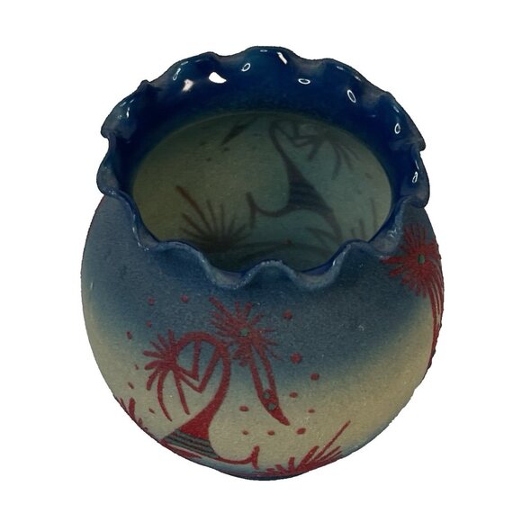 Native American Navajo Dine Kokopelli Feathers Sand over Glass Art Vase Signed - Picture 6 of 11